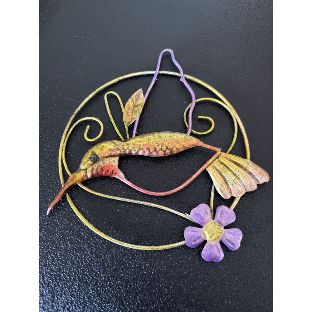Hummingbird Metal Hanging Handcrafted Metal Art 7 in Gold Purple Red Age Unknown